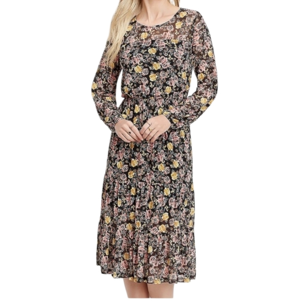 Maurice's Sheer Floral Dress Lined Elastic Waist Med Longsleeve Lightweight